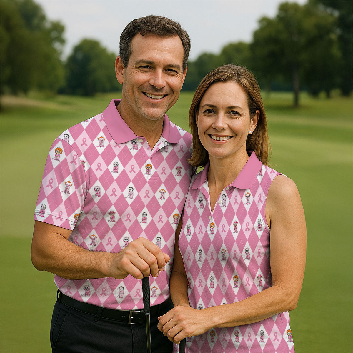 Pink Argyle Horror Character Breast Cancer Polo Shirt, Golf Shirts For Men, Mens Golf Shirts