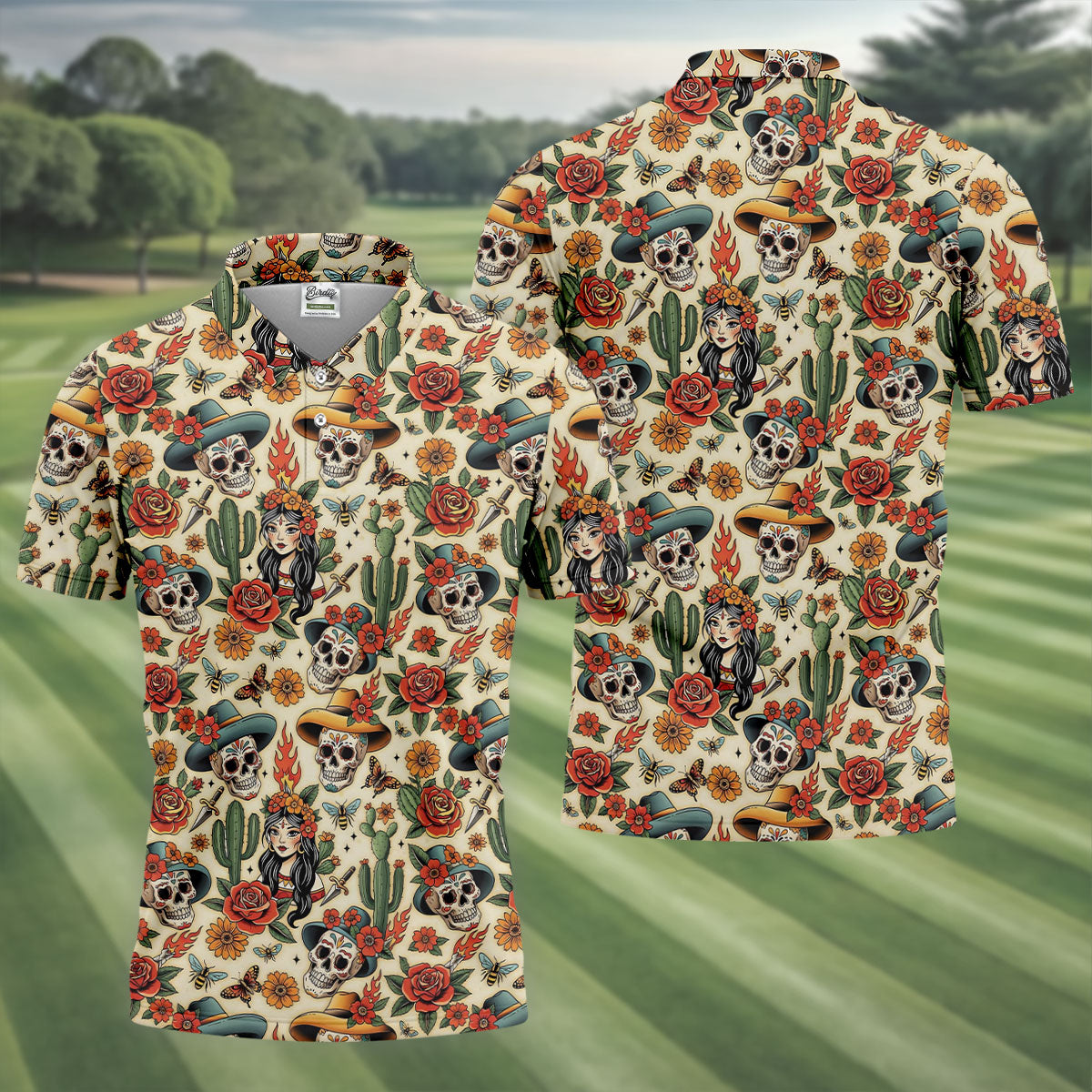 Day Of The Dead Sugar Skull Floral Polo Shirt, Mens Golf Polo, Hawaiian Golf Shirt
