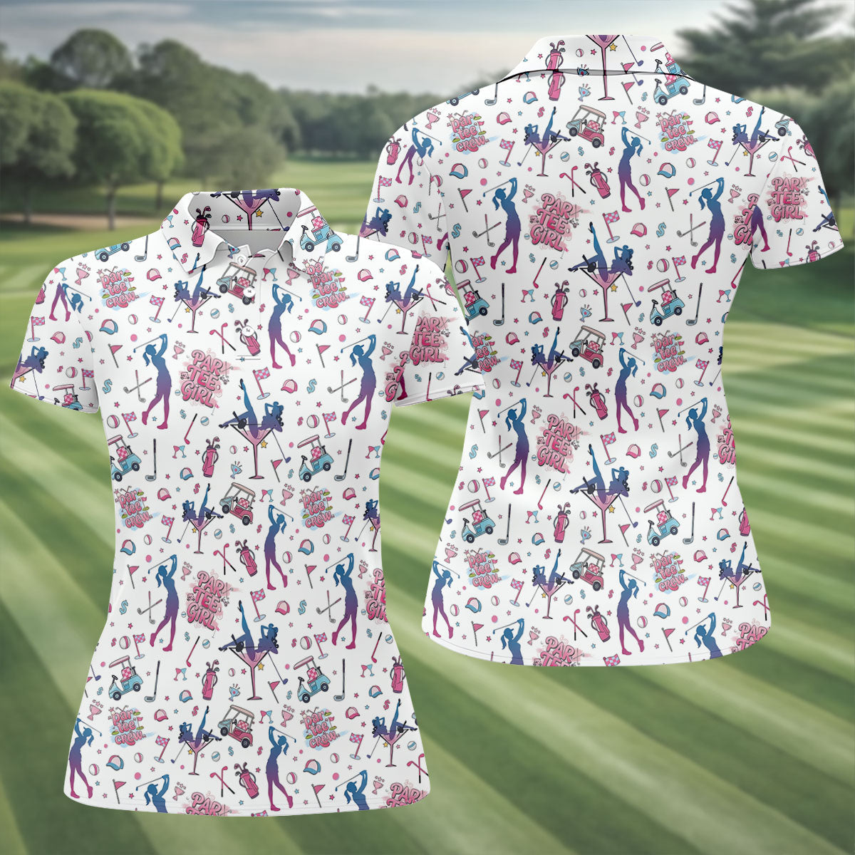 Funny Par Tee Girl Golfer Pattern Golf Polo Shirt, Ladies Golf Shirts, Golf Tops For Women