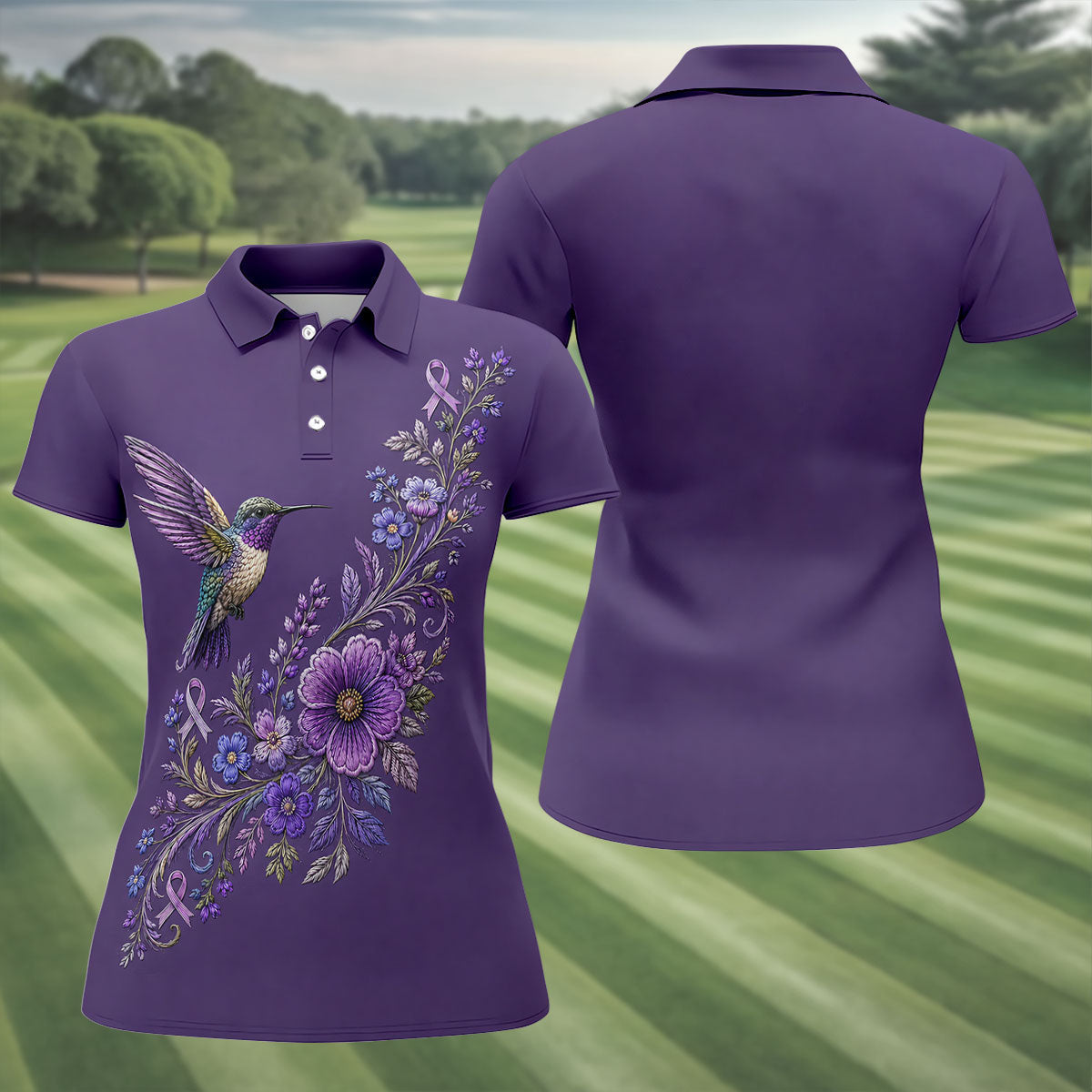 Cancer Awareness Purple Ribbon Floral Polo Shirt, Womens Golf Polo, Golf Shirts For Women