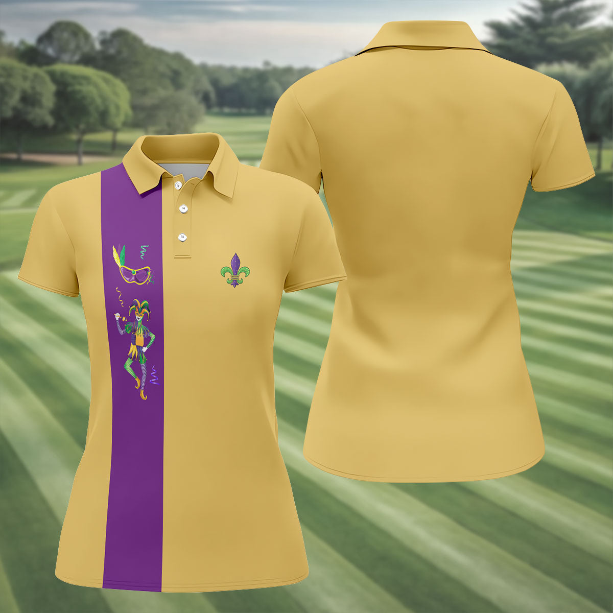 Mardi Gras Festival Jester Figure Fleur De Lis Symbol Yellow Golf Shirt, Women's Golf Tops, Ladies Golf Polos