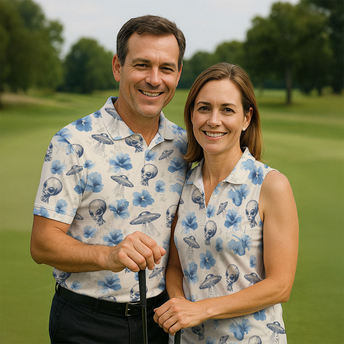 Funny Alien Blue Hibicus Tropical Theme Hawaiian Golf Shirt, Polo Shirts For Men, Golfing Apparel