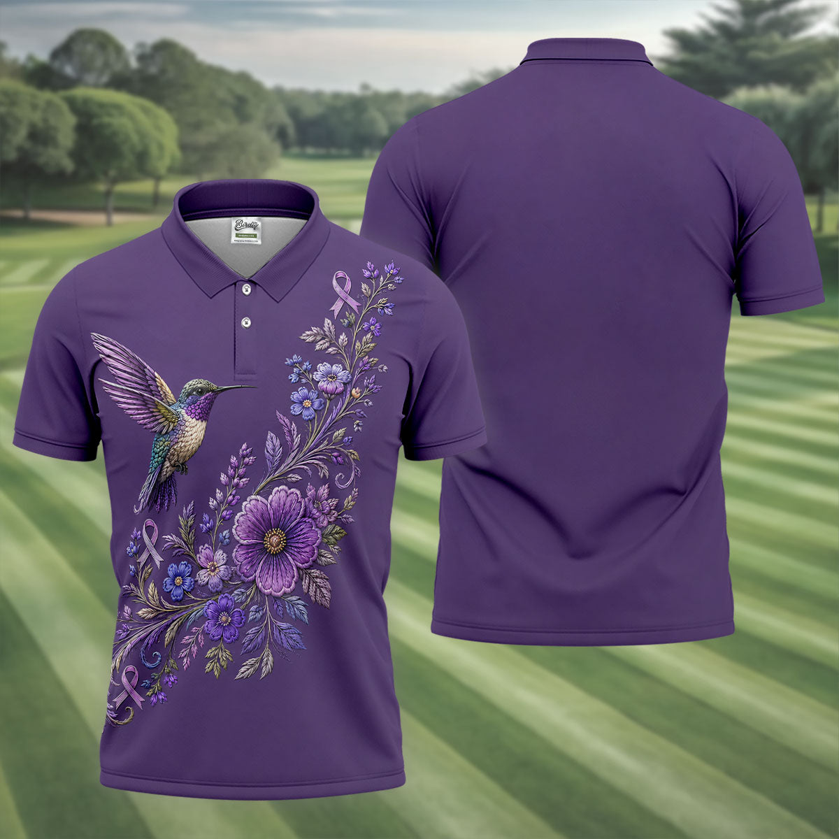 Cancer Awareness Purple Ribbon Floral Polo Shirt, Mens Golf Polo, Golf Shirts For Men
