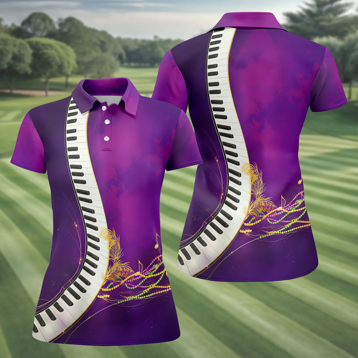 Mardi Gras Feather Beads Piano Keyboard Print Purple Golf Shirt, Women's Golf Tops, Ladies Golf Polos
