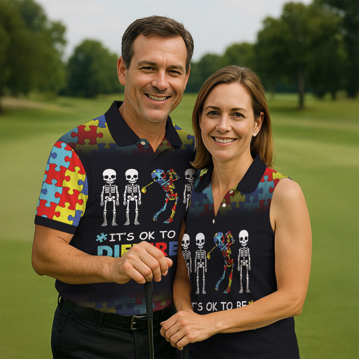 It's Ok To Be Different Women Polo Shirt, Autism Awareness Puzzle Pattern Black Fade Golf Shirts For Women, Autism Golf Shirt