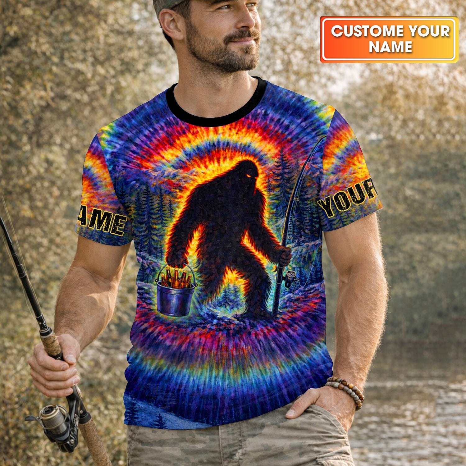 Bigfoot Fishing Beer Bucket Rainbow Swirl Funny Fishing Shirt, Fishing UPF Shirts, Fishing Shirts For Men