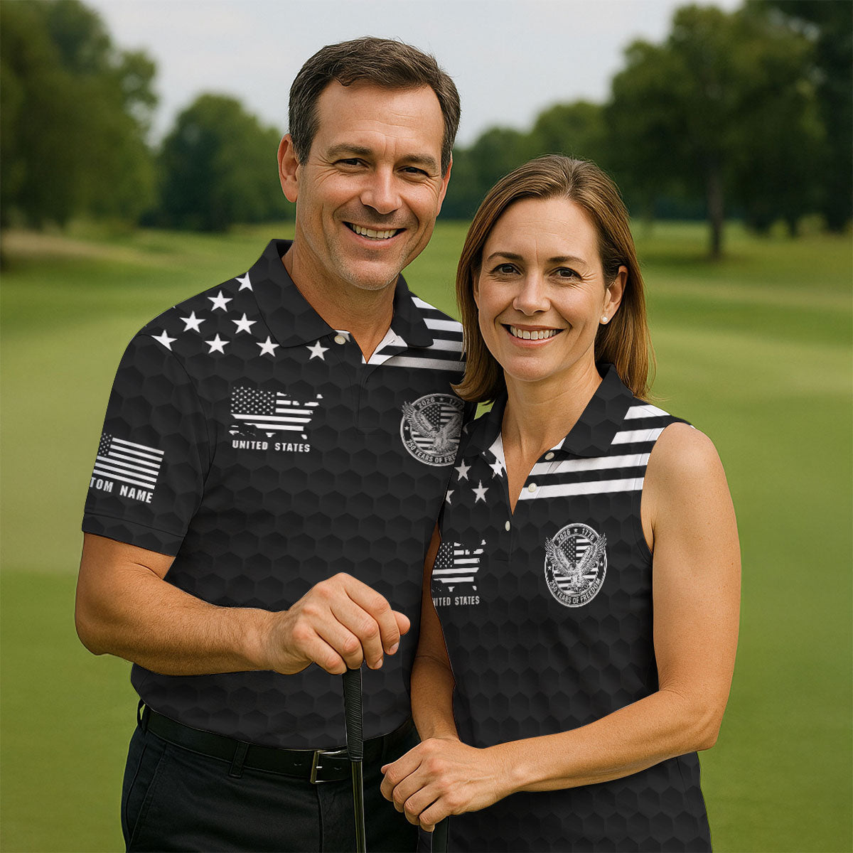 250 Years Of Freedom Golf Ball Pattern Black Golf Shirt, 4th Of July Patriotic Golf Shirt For Women