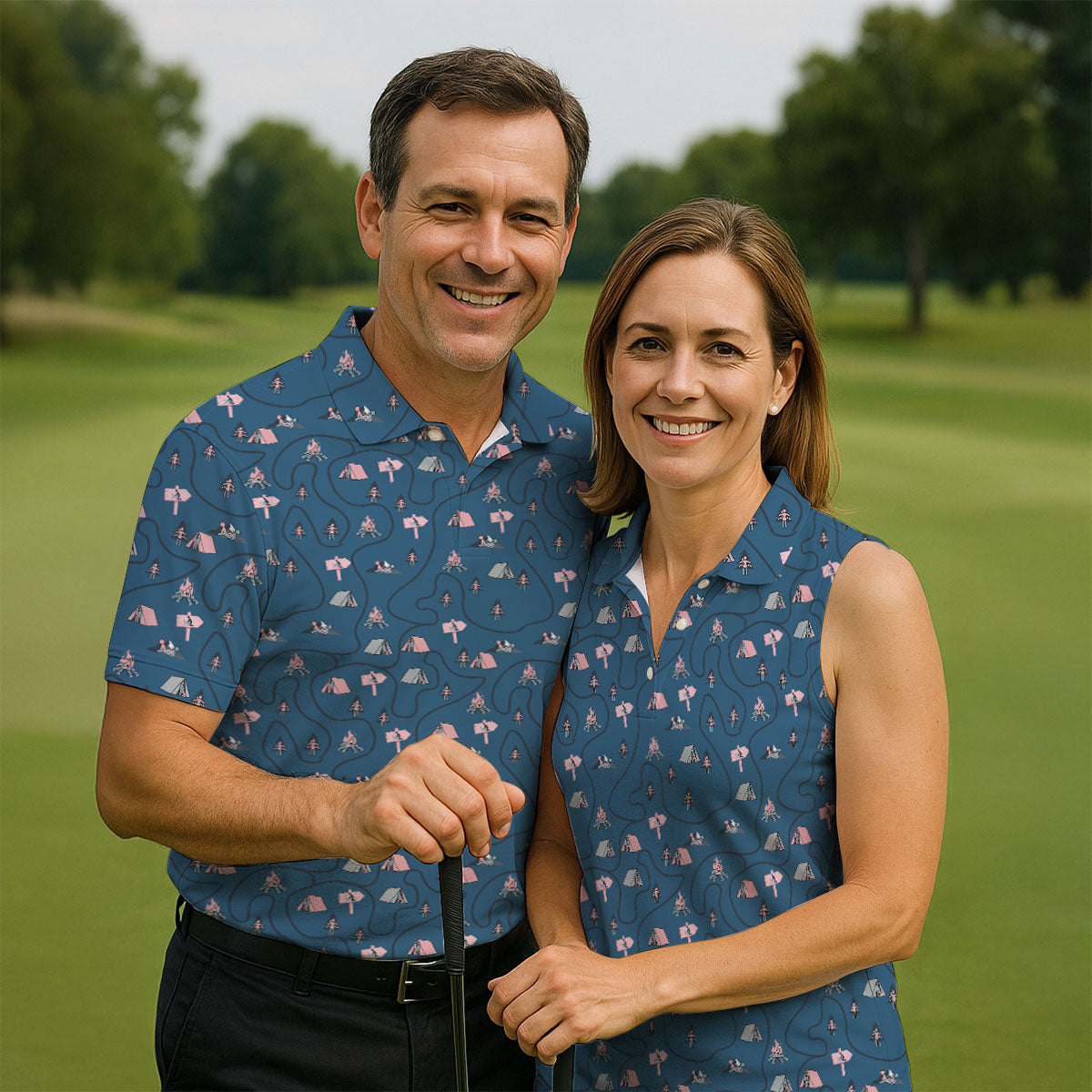 Funny Adult Camping Pattern Polo Shirt, Golf Shirts For Women, Ladies Golf Tops