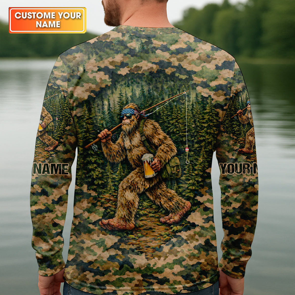 Bigfoot Fishing And Beer Earth Green Camo Fishing Shirt, Fishing UPF Shirts, Fishing Shirts For Men