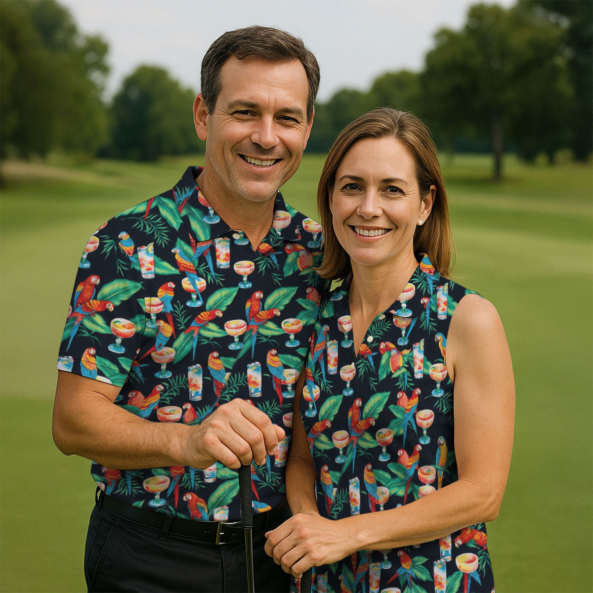 Colorful Parrots Margaritas Cinco De Mayo Celebration Fiesta Themed Tropical Pattern Golf Shirts For Men