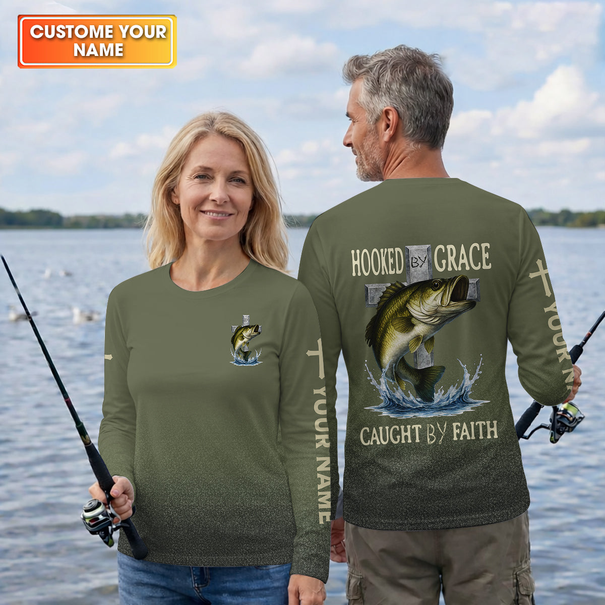 Hooked By Grace Caught By Faith Cross Christian Fishing UPF Shirts, Women Fishing Shirt