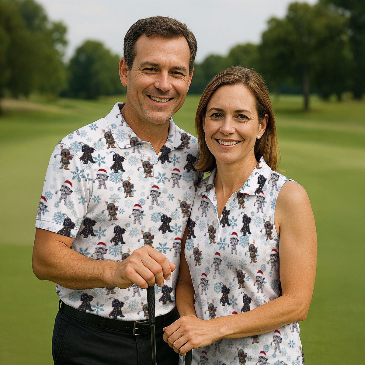 Christmas Space Characters Pattern Polo Shirt, Mens Golf Shirts, Golf Polo Shirts For Men