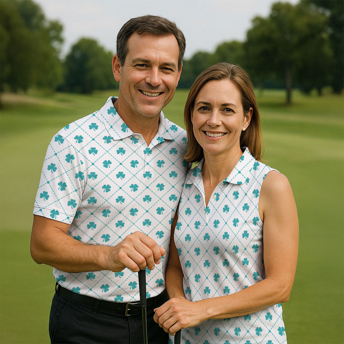 Grid Pattern Shamrock Golf Shirt, St Patrick's Day Women's Golf Tops, Ladies Golf Polos, Golf Shirt For Women