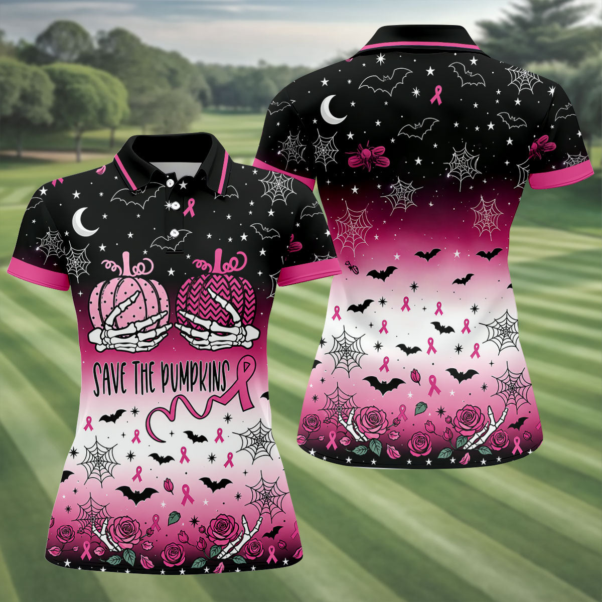 Save The Pumpkins Halloween Breast Cancer Polo Shirt, Womens Golf Tops, Women’s Golf Polo