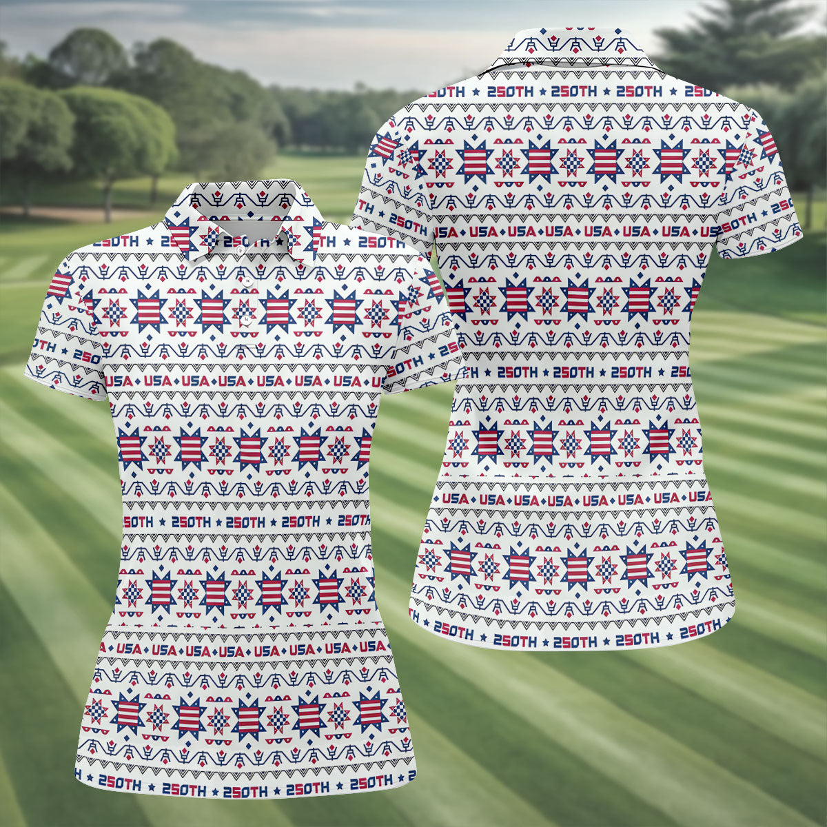 Red White Blue Ohio Star Quilt Pattern 4th Of July Women Golf Top, 250th Anniversary Patriotic Golf Shirt