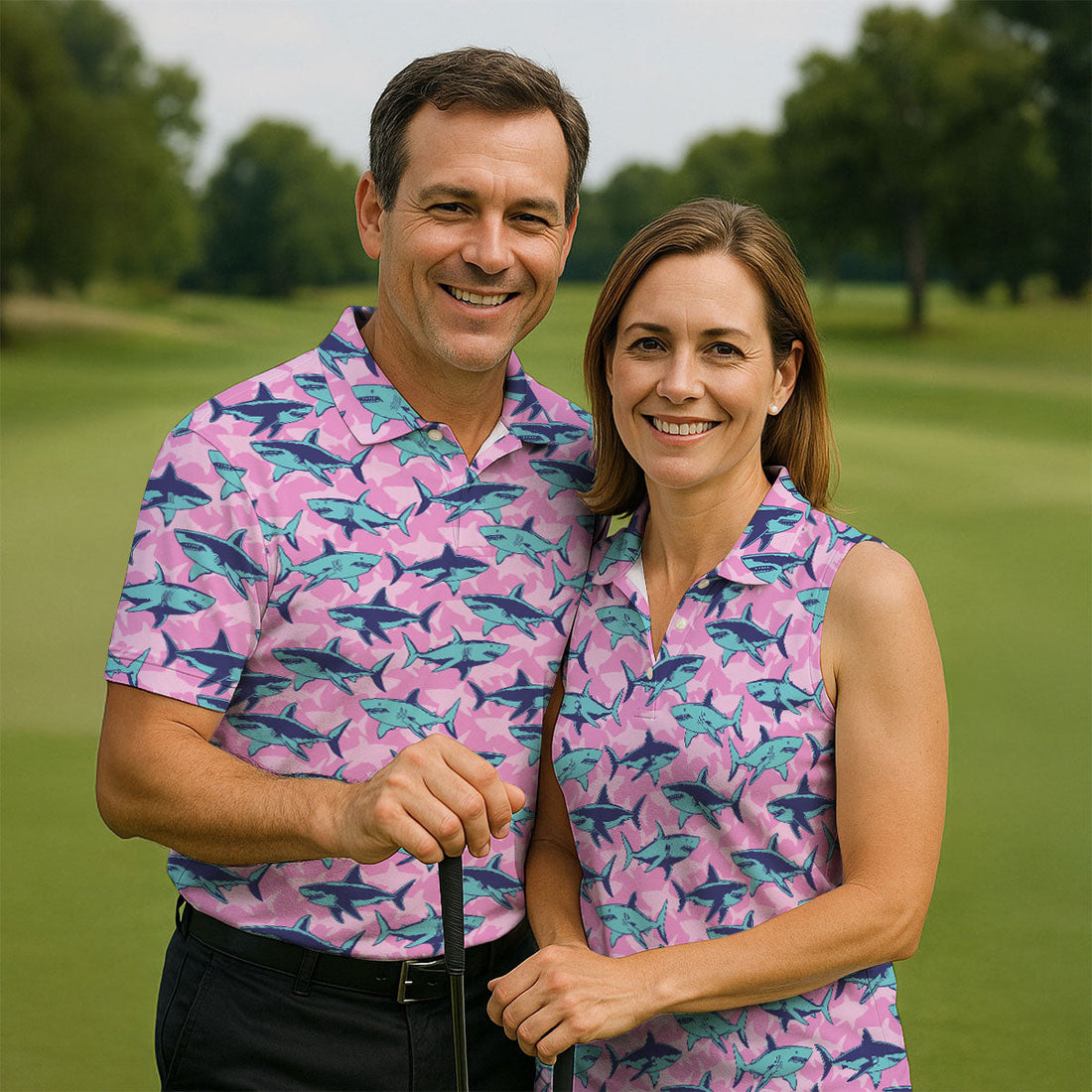 Shark Pattern Hawaiian Golf Shirt, Pink Golf Shirt, Polo Shirts For Men, Golfing Apparel
