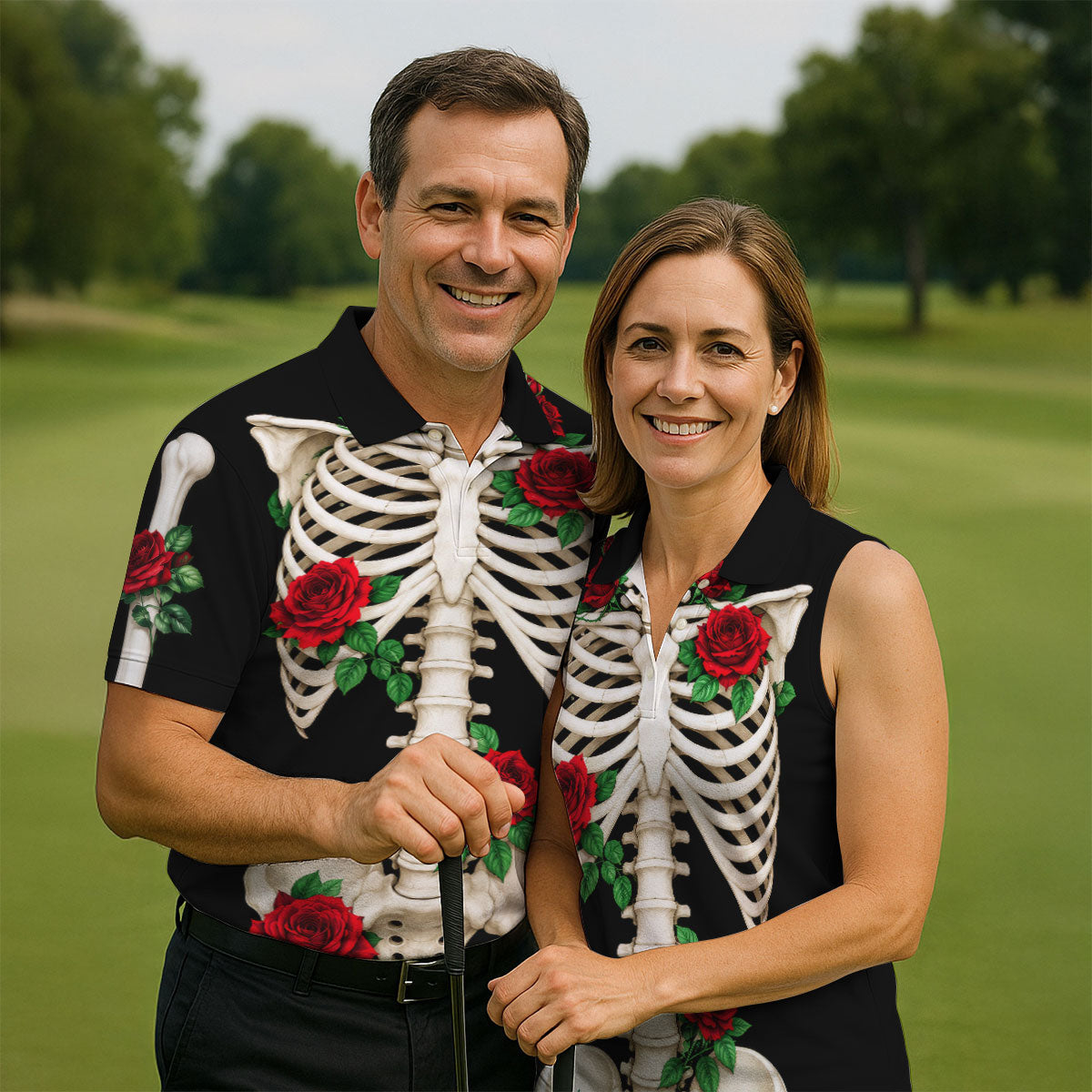 Skeleton Rib Cage And Red Roses Halloween Polo Shirt, Polo Shirts For Men, Mens Golf Shirts