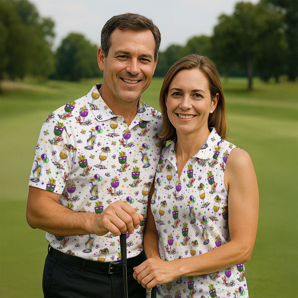 Mardi Gras Wine Glass Beaded Garland Fleur De Lis White Golf Shirt, Women's Golf Tops, Ladies Golf Polos