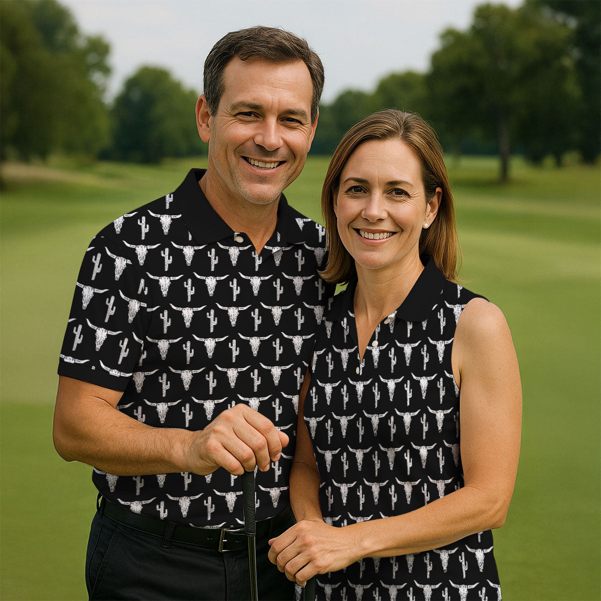 Longhorn Cow Skull Western Theme Black Golf Tops For Men, Polo ShirtFor Men, Golf Shirts For Men