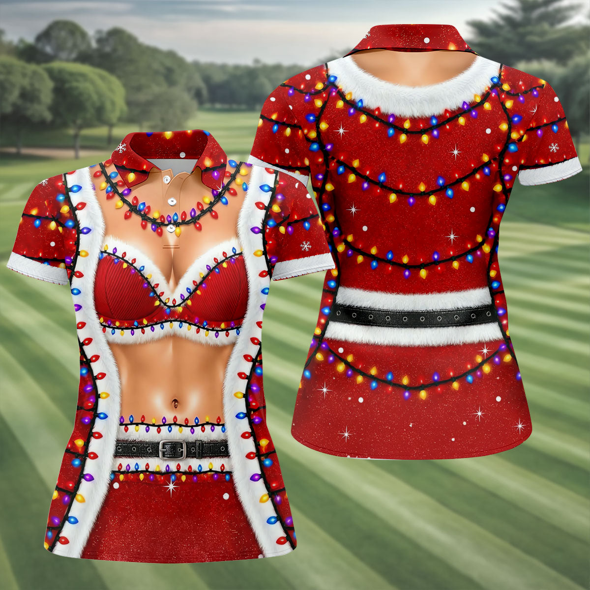 Funny Santa Bra Lights Christmas Golf Shirt, Golf Shirts For Women, Women’s Golf Apparel