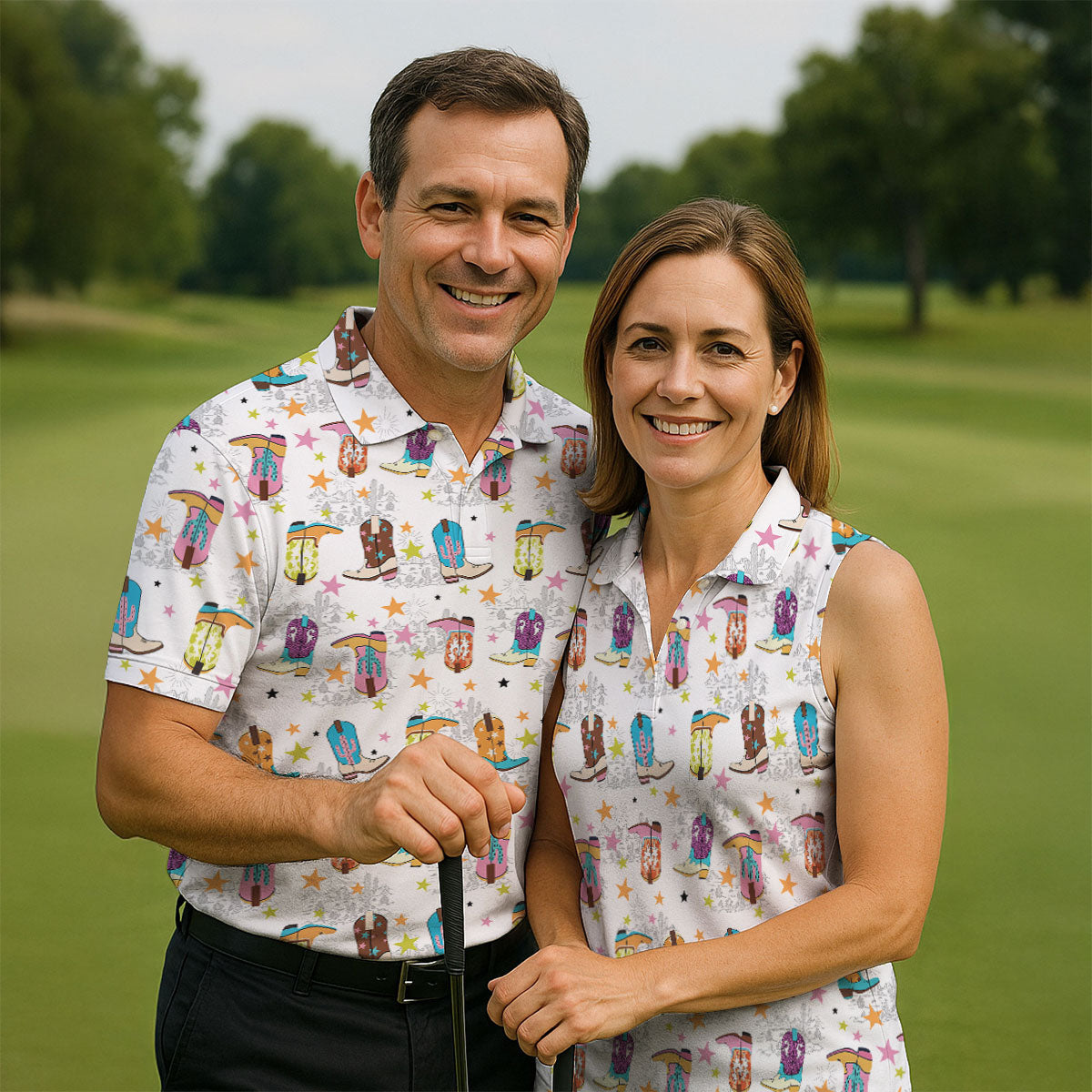 Colorful Western Cowboy Boots Pattern Hawaiian Golf Shirt, Golf Apparel For Men, Mens Golf Polo