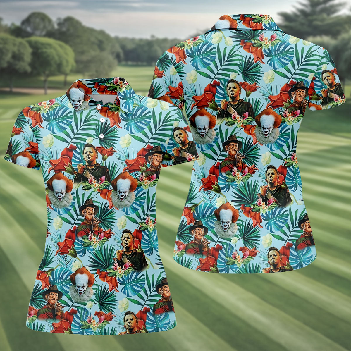 Tropical Horror Character Hawaiian Golf Shirt, Women’s Golf Polo, Halloween Golf Shirt