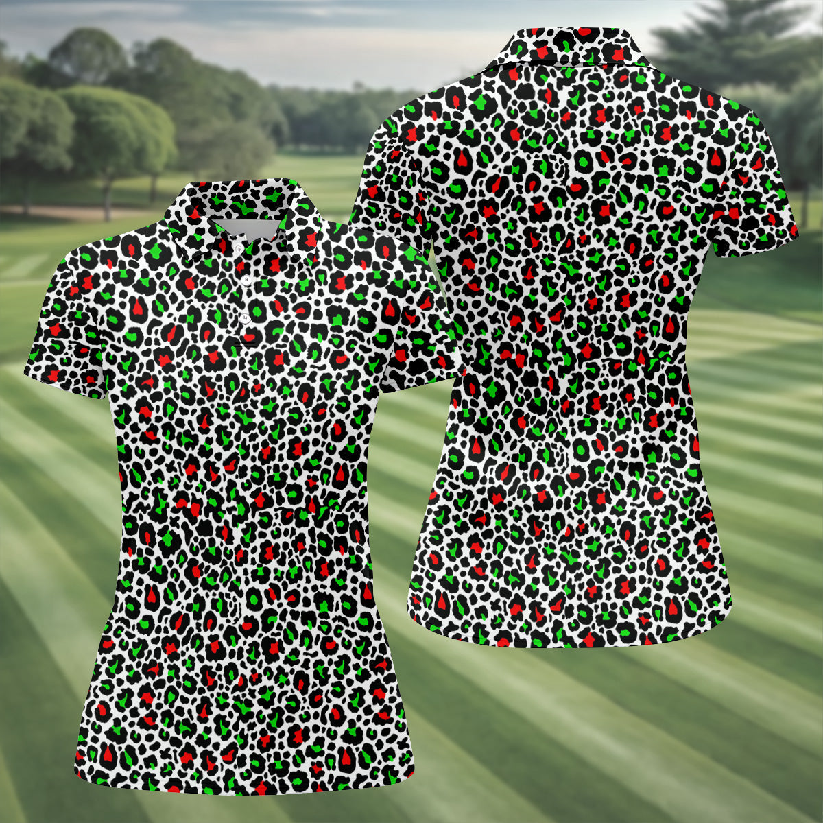 Leopard Pattern Xmas Pine Tree Green And Red Women's Golf Tops, Christmas Golf Shirt, Ladies Golf Shirts