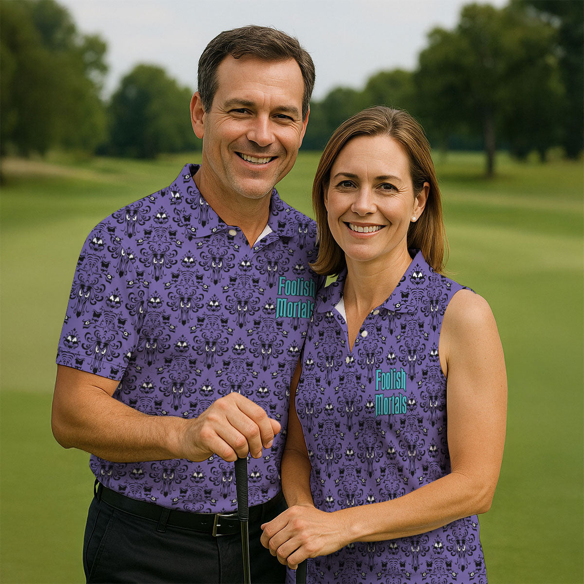 Foolish Mortals Haunted Pattern Golf Polo Shirt, Halloween Shirt For Men, Mens Golf Polo