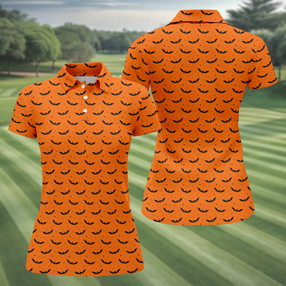 Spooky Bats Orange Halloween Golf Shirt, Ladies Golf Tops, Golf Gifts For Women, Golfing Apparel