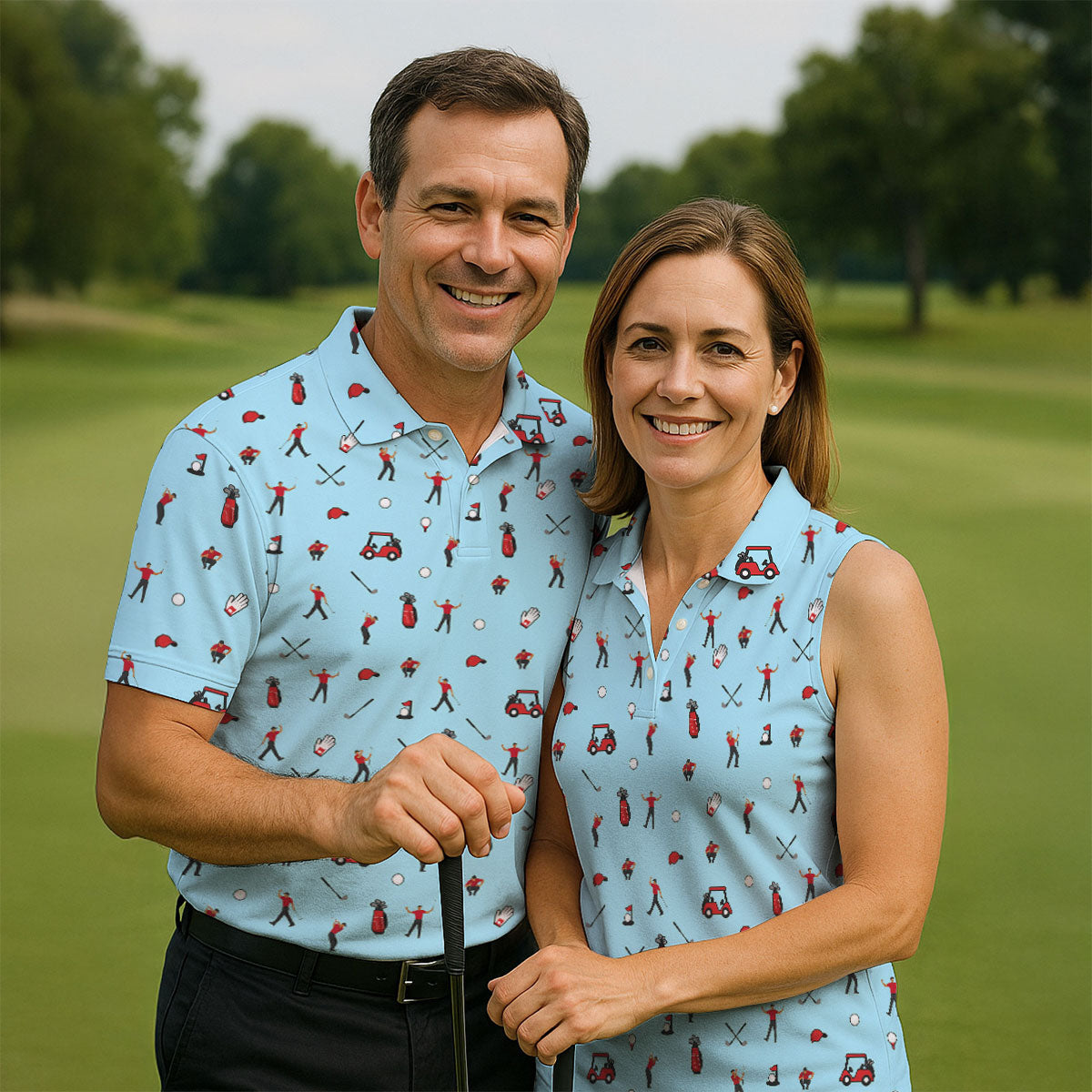 Blue Golf Player Pattern Polo Shirt, Women's Golf Tops, Ladies Golf Shirt
