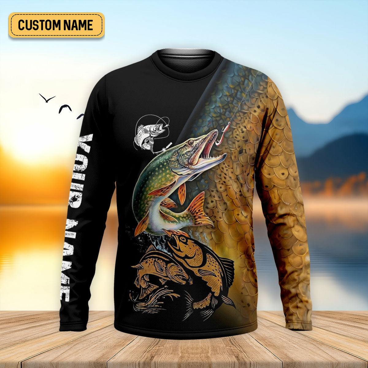 Northern Pike Fishing Gold Brown Scale Pattern Fishing UPF Shirts, Fishing Shirts For Men