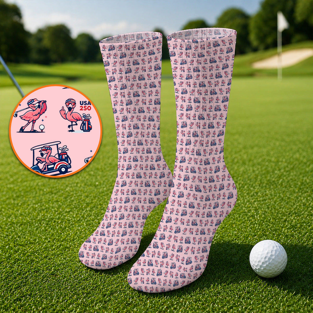 Funny Flamingo Pattern Golf Socks, USA 250 Patriotic Summer Golf Sock, Crazy Golf Gift For Golfer