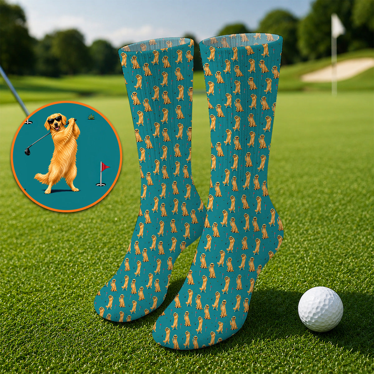 Golden Retriever Fairway Golf Socks, Golf Dog Pattern Sock, Gift For Golden Retriever Owners