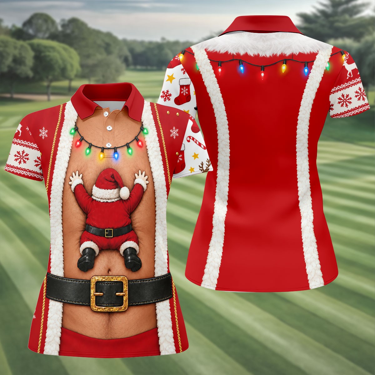 Santa Stuck In Belly Christmas Golf Shirt, Golf Shirts For Women, Womens Golf Tops