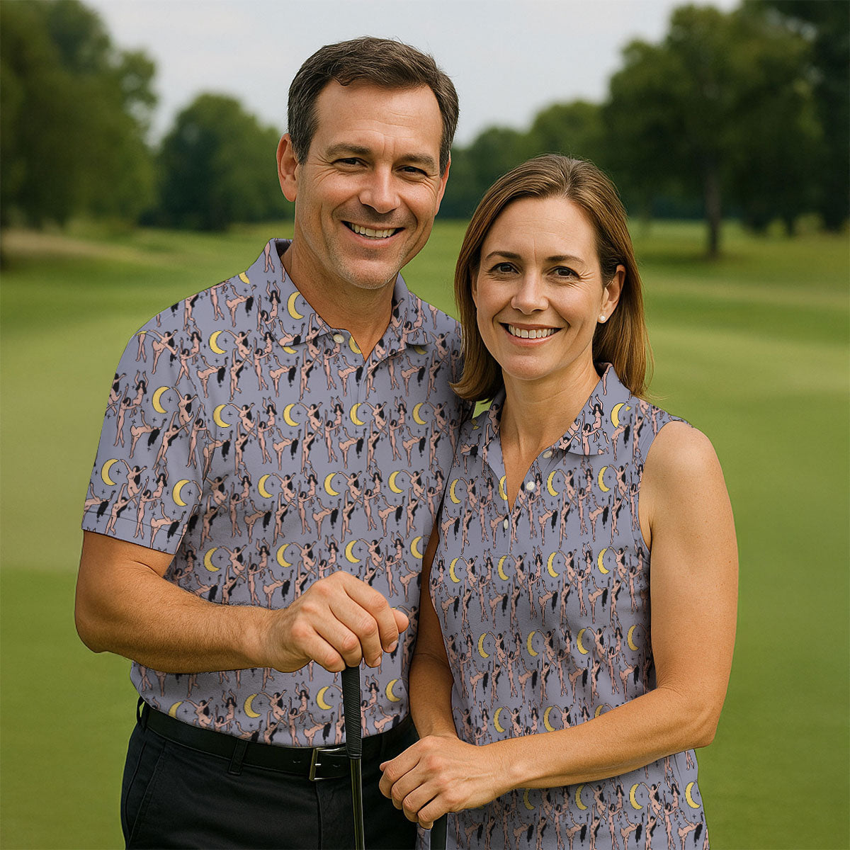 Dancing Figures Moon And Stars Pattern Polo Shirt, Mens Golf Shirts, Golf Apparel For Men