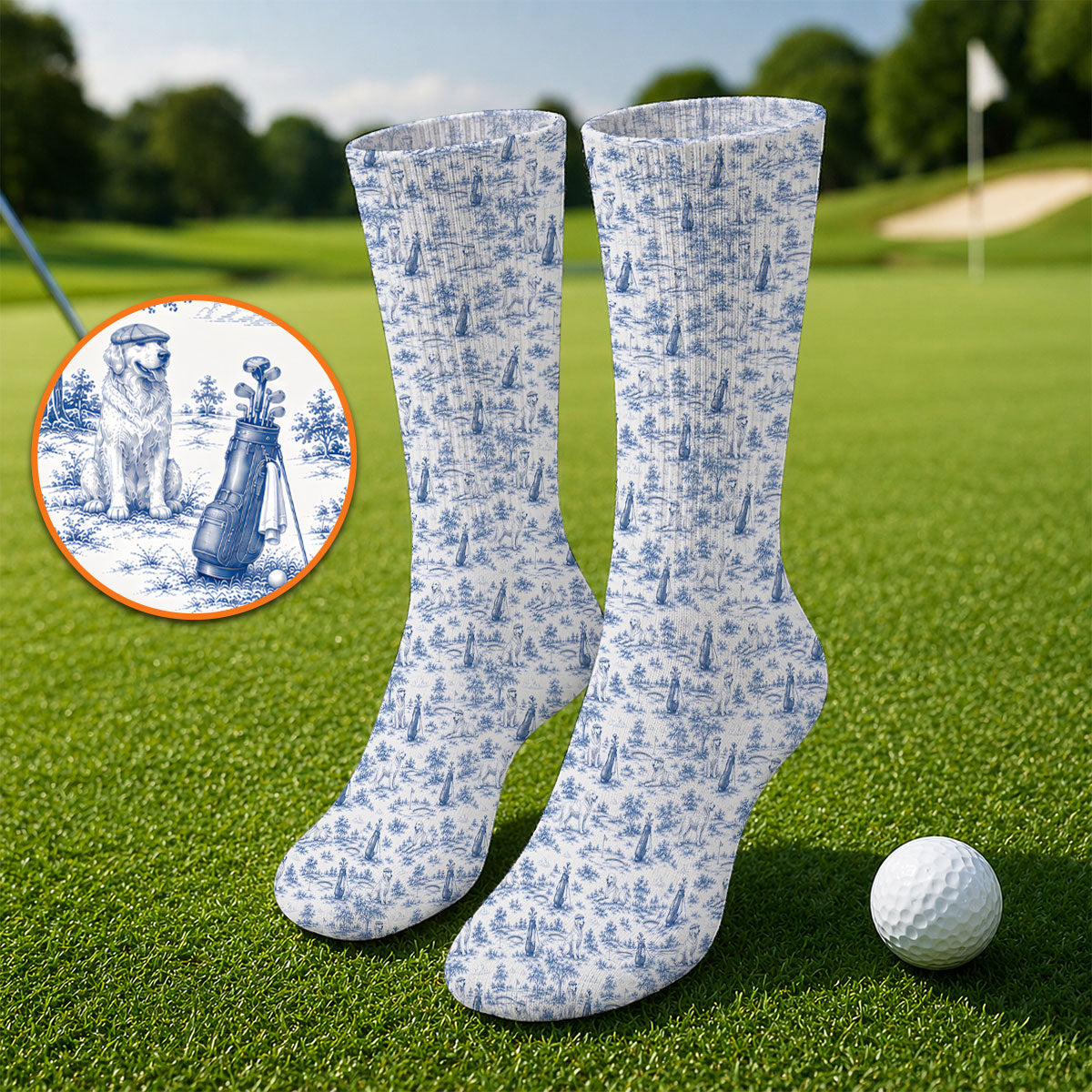 Golden Retriever Golf Sock, Toile De Jouy Golden Pattern Golf Socks, Crazy Golf Gift For Golfer