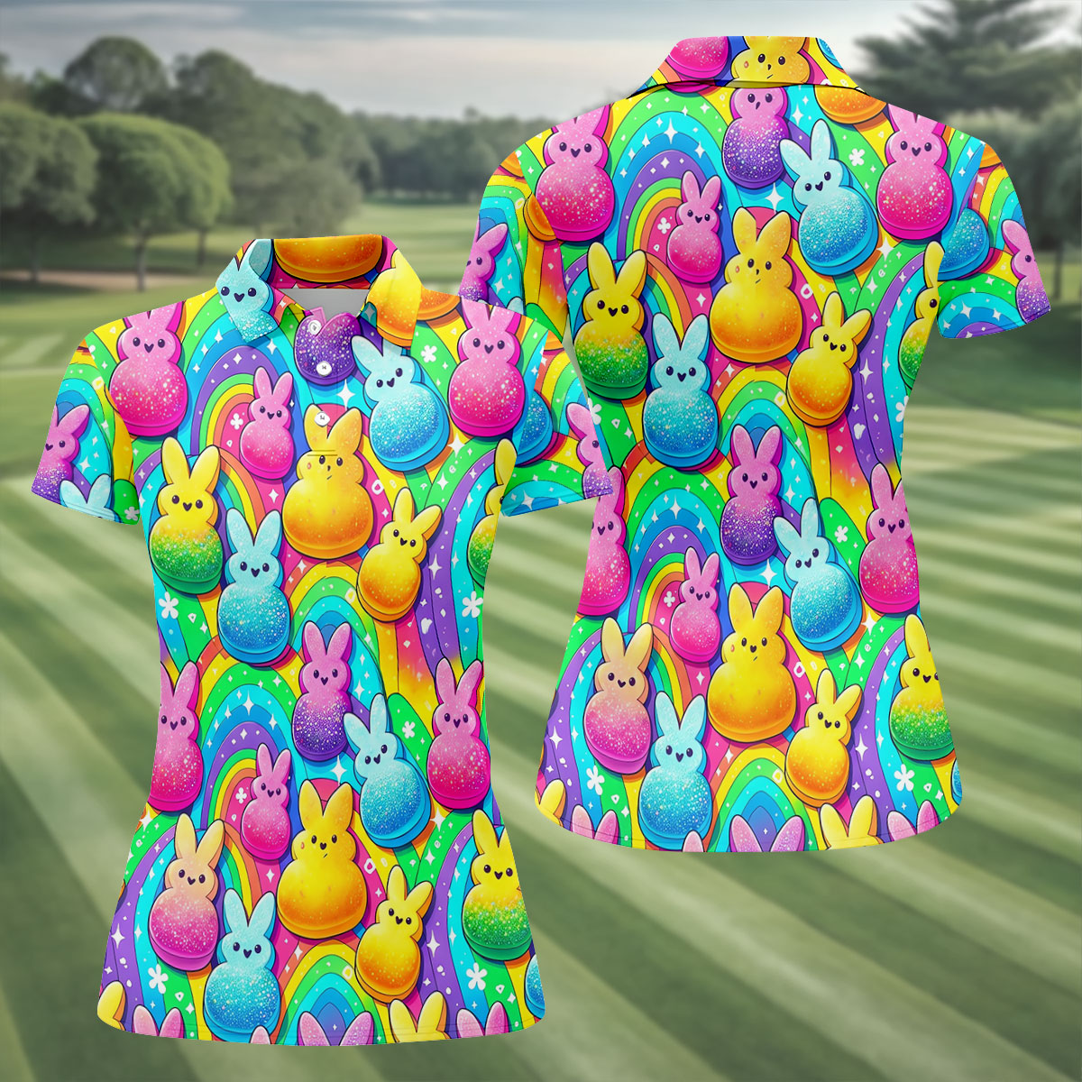 Colorful Easter Peeps Rainbow Pattern Women Golf Top, Cute Golf Outfit, Ladies Golf Shirts