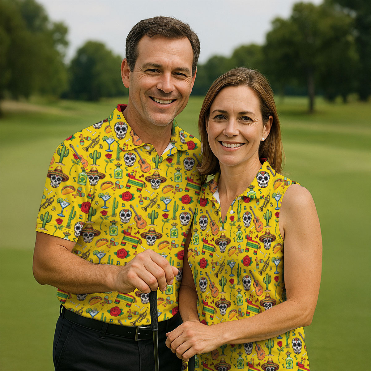 Decorated Skulls Party Items Cinco De Mayo Celebration Fiesta Themed Yellow Golf Shirt For Women
