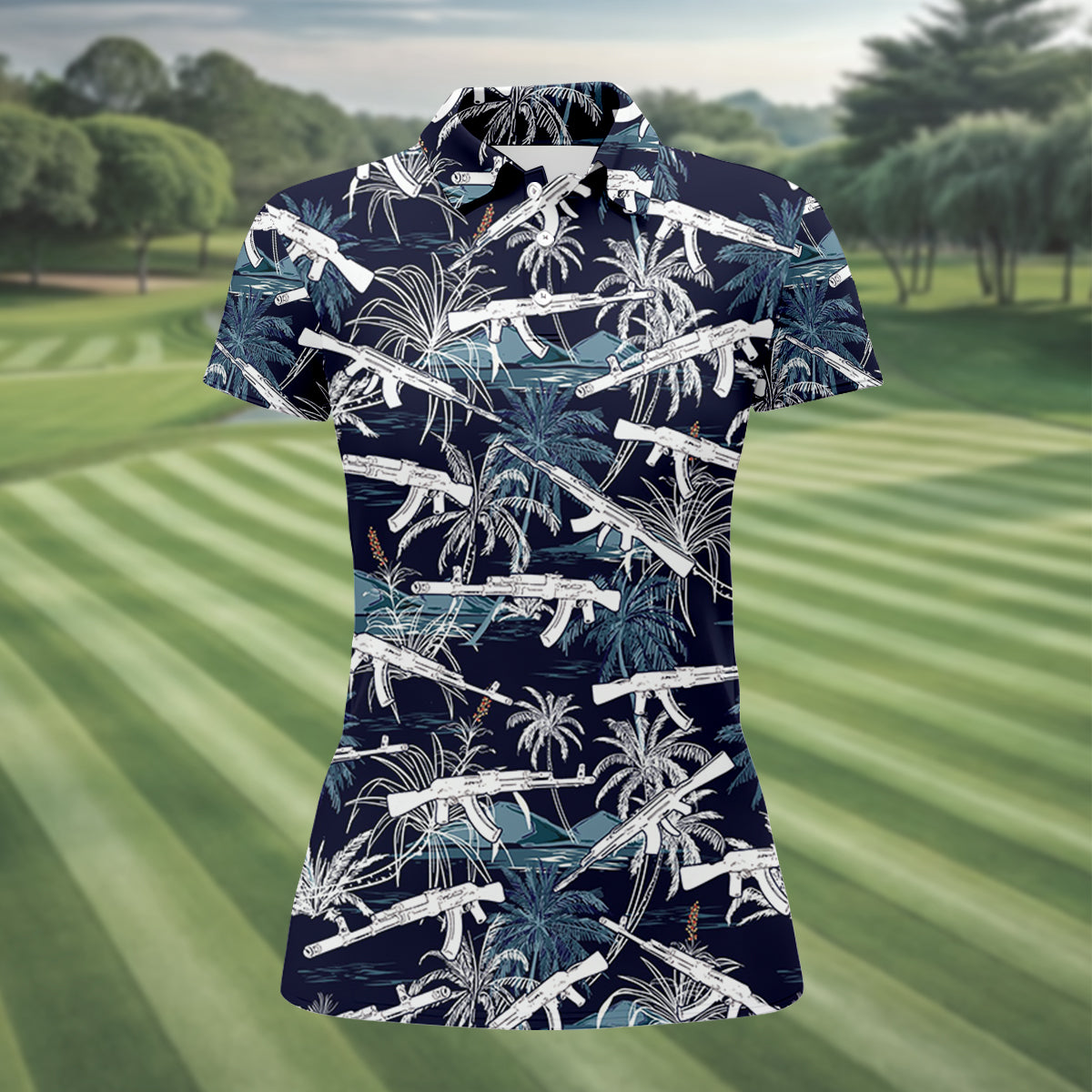 Dark Blue Color Army Theme Hawaiian Golf Polo, Women's Golf Tops, Ladies Golf Shirts