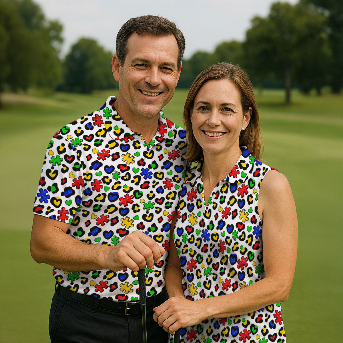 Autism Awareness Color Leopard Pattern White Golf Shirt, Golf Tops For Men, Polo ShirtFor Men, Golf Shirts For Men