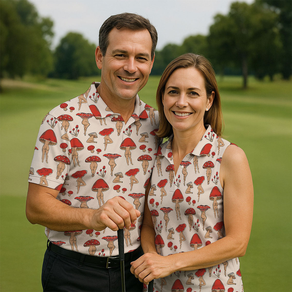 Vintage Mushroom Pin Up Pattern Hawaiian Golf Shirt, Ladies Golf Shirt, Women’s Golf Apparel