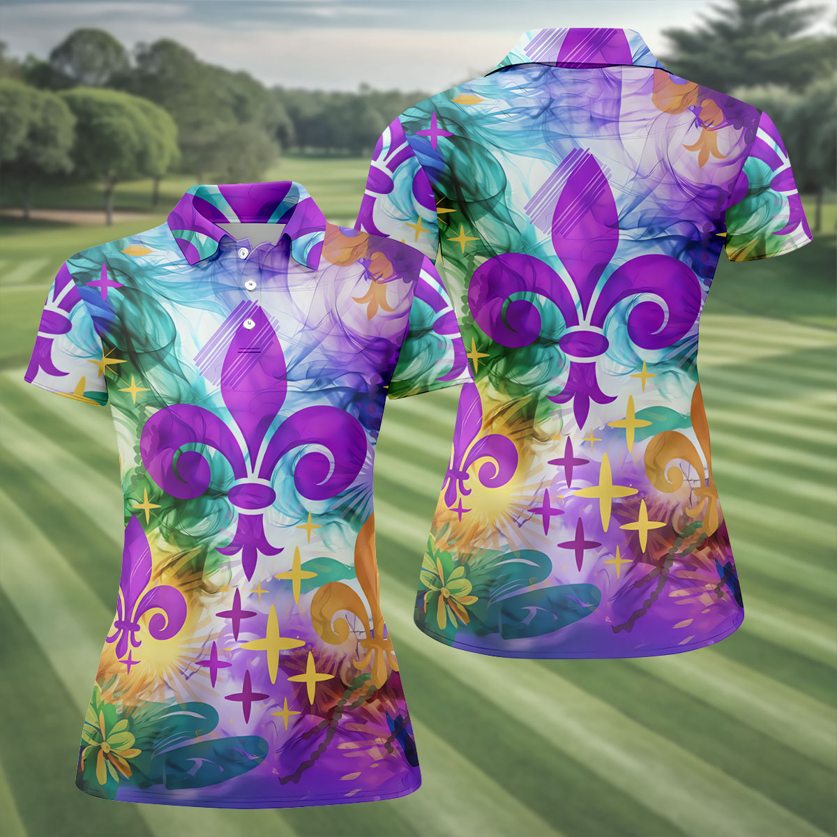Mardi Gras Festival Fleur De Lis Symbol Purple Green Gold Women's Golf Tops, Ladies Golf Polos