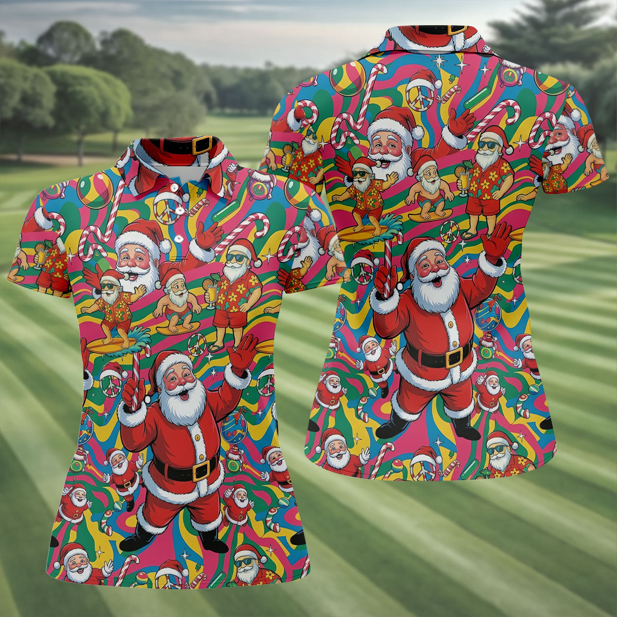 Funny Tropical Santa Christmas Polo Shirt, Womens Golf Polo, Christmas Shirts For Women