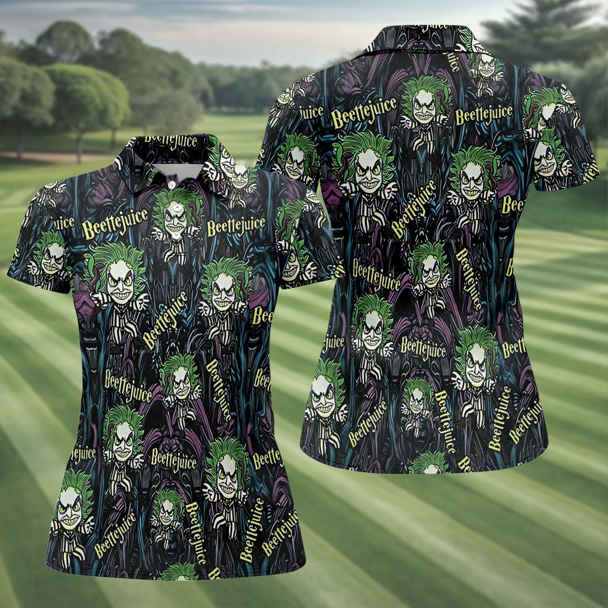 Halloween Horror Character Cartoon Hawaiian Golf Shirt, Women's Golf Polo, Printed Golf Shirt