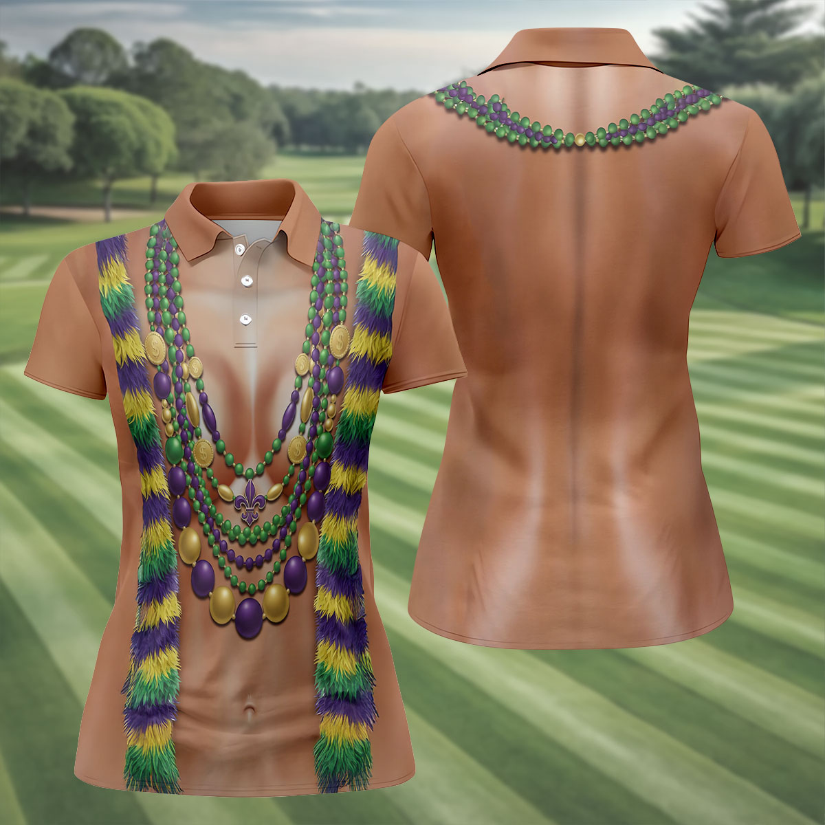 Funny 3D Print Mardi Gras Fleur De Lis Skin Color Women's Golf Tops, Fun Women's Golf Shirts, Ladies Golf Polos