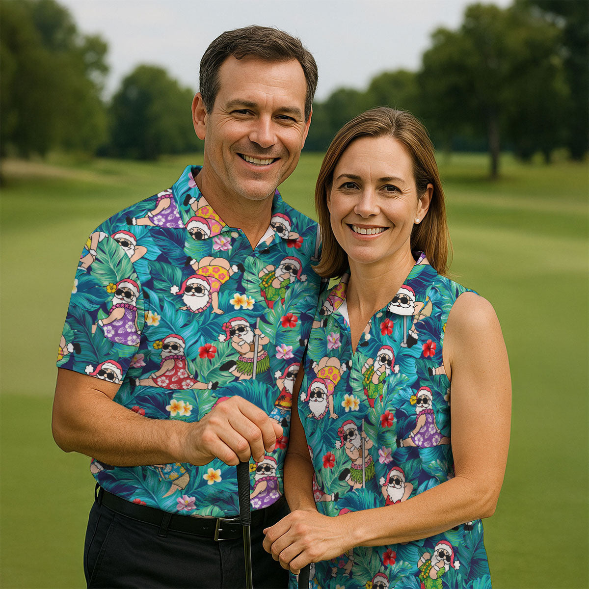 Funny Hula Santa Christmas Golf Shirt, Women's Golf Tops, Hawaiian Golf Shirt, Printed Golf Shirt