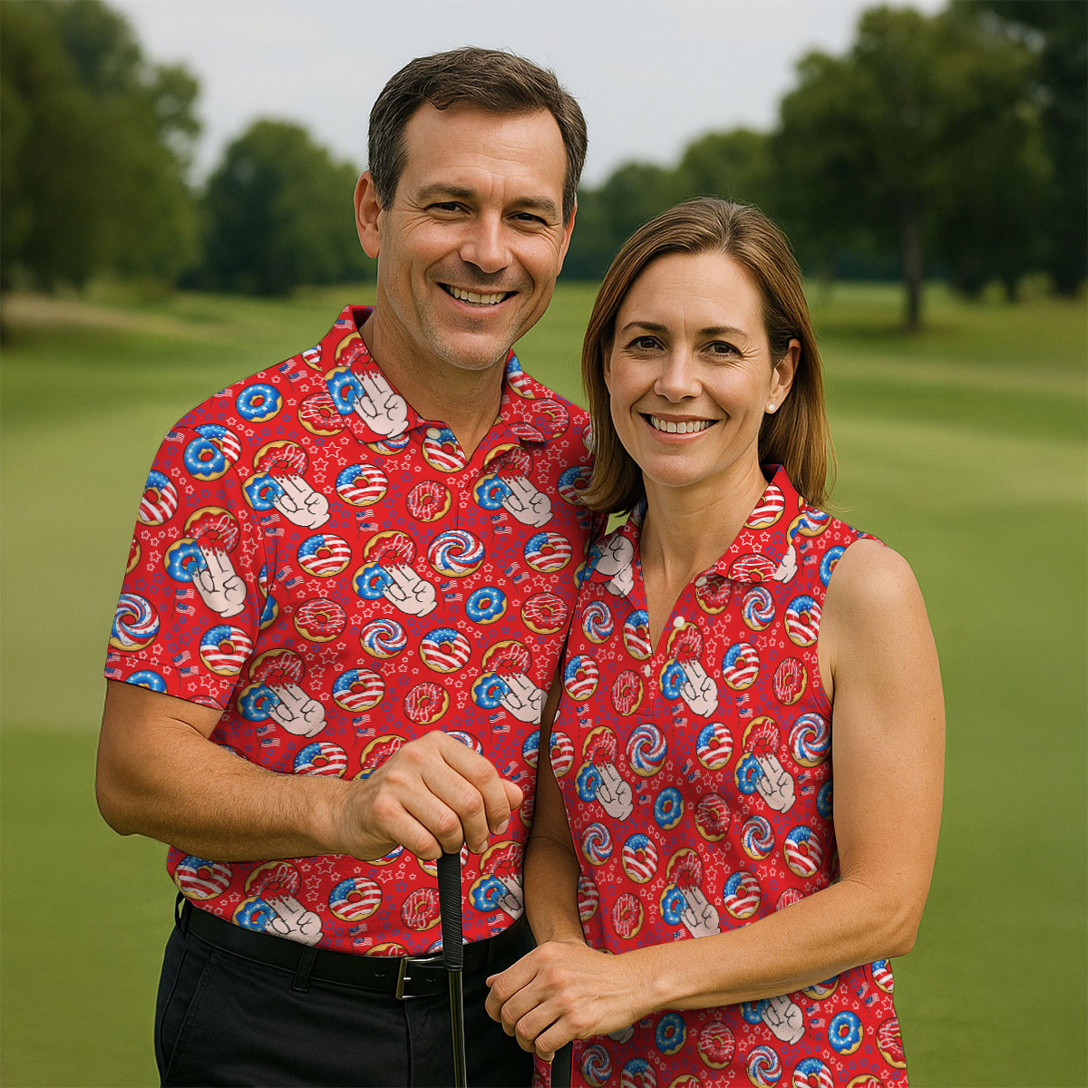 Donut Finger Funny Dirty American Flag Pattern Red Women Golf Top, 250th Anniversary Patriotic Golf Shirt