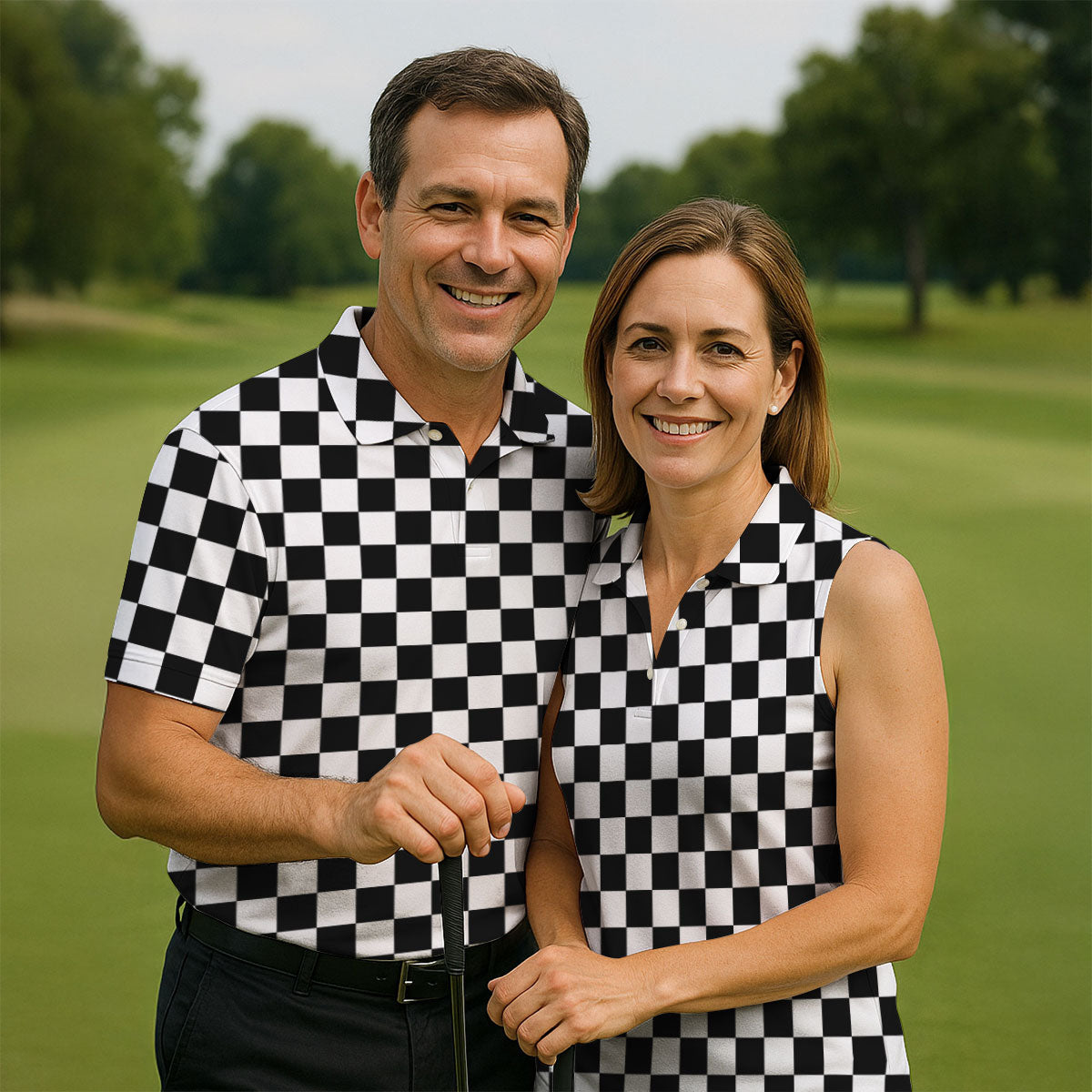 Black White Checkerboard Racing Pattern Golf Shirt, Men's Golf Shirt, Golf Polo Shirts For Men, Printed Golf Shirts