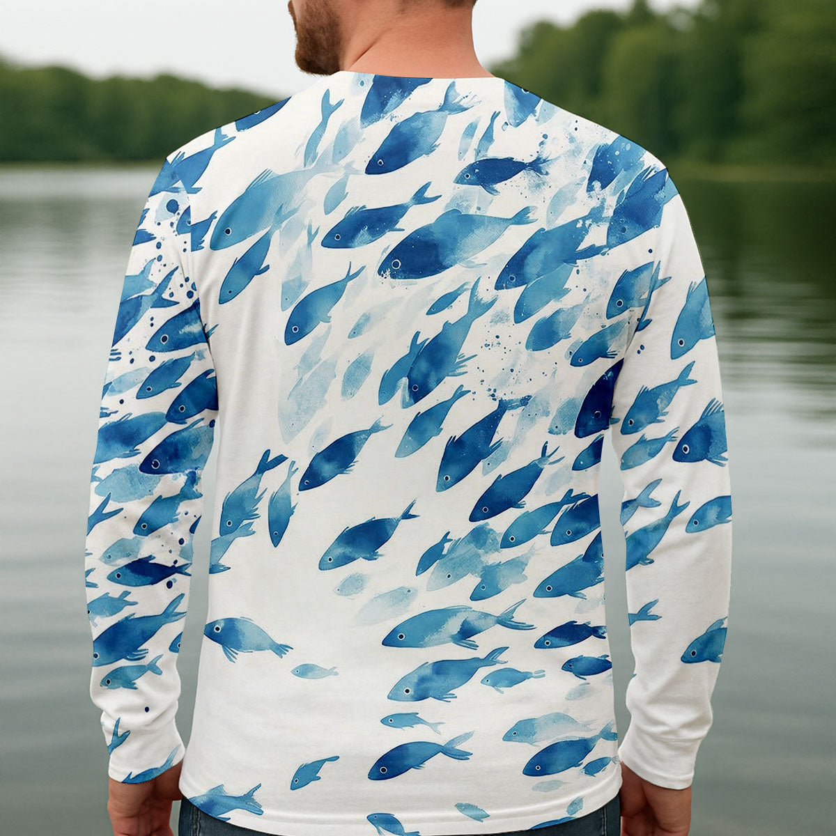Flowing Fish White And Blue Fishing UPF Shirts, Minimal Watercolor Fishing Shirts For Men