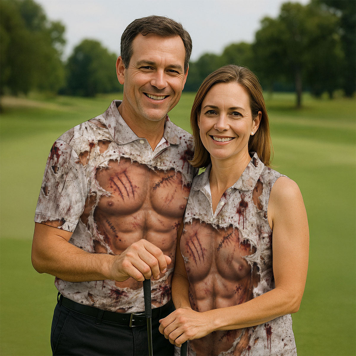 Torn Shirt Muscle Chest Illusion Halloween Polo Shirt, Mens Golf Polo, Printed Golf Shirts